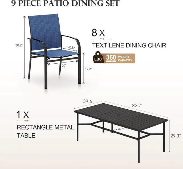 Alt view image 6 of 6 - HERA'S HOUSE 9pc Outdoor Patio Dining Set for 8, Textilene Chairs, Blue | 83" Rectangular Metal Table with umbrella hole. Waterproof, rust-resistant, all-weather for backyard, porch