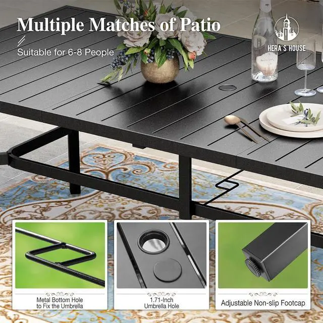Alt view image 5 of 6 - HERA'S HOUSE 9pc Outdoor Patio Dining Set for 8, Textilene Chairs, Blue | 83" Rectangular Metal Table with umbrella hole. Waterproof, rust-resistant, all-weather for backyard, porch