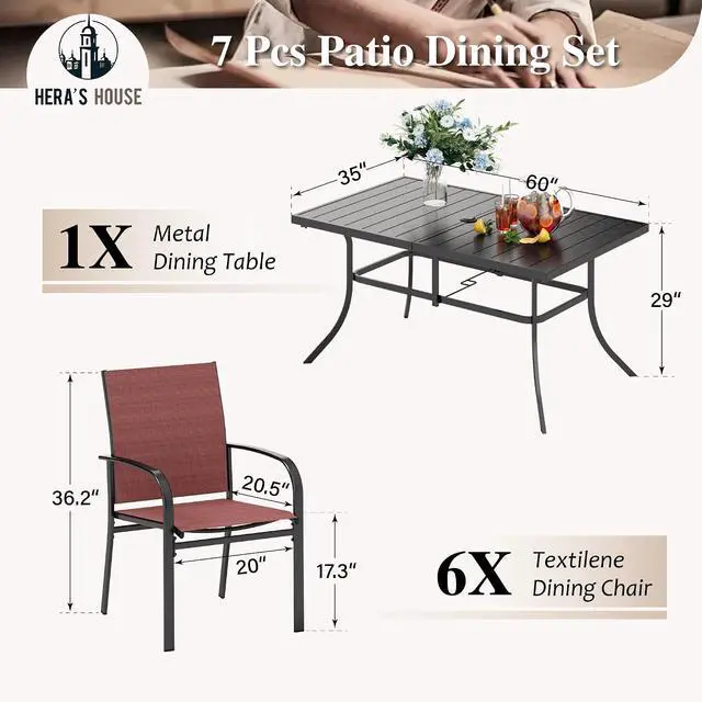 Alt view image 2 of 7 - HERA'S HOUSE 7pc Outdoor Patio Dining Set for 6, Textilene Chairs, Red | 60" rectangular metal table with umbrella hole. Waterproof, rust-resistant, all-weather for backyard, porch