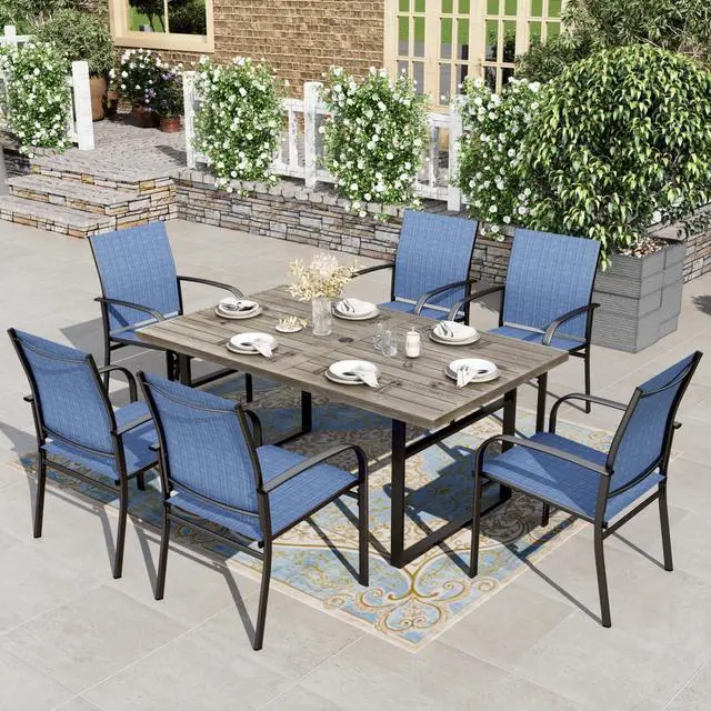 Main image of HERA'S HOUSE 7pc Outdoor Patio Dining Set, Wood-Look Metal Table, Blue | 6 textilene chairs, 64" rectangular table with umbrella hole. Waterproof, rust-resistant, all-weather for yard, porch
