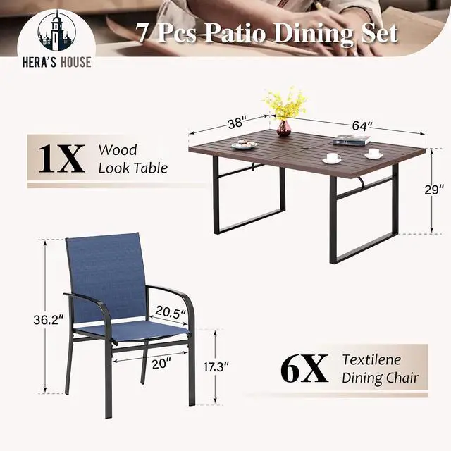 Alt view image 6 of 7 - HERA'S HOUSE 7pc Outdoor Patio Dining Set, Wood-Look Metal Table, Blue | 6 textilene chairs, 64" rectangular table with umbrella hole. Waterproof, rust-resistant, all-weather for yard, porch