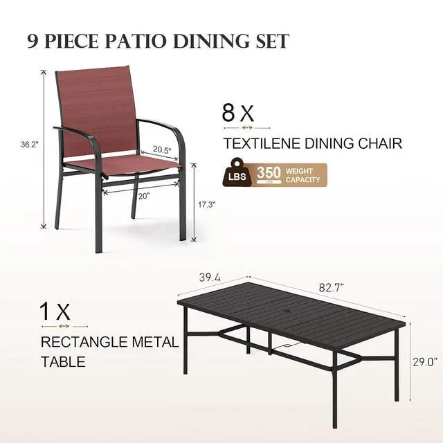 Alt view image 5 of 7 - HERA'S HOUSE 9pc Outdoor Patio Dining Set for 8, Textilene Chairs, Red | 83" Rectangular Metal Table with umbrella hole. Waterproof, rust-resistant, all-weather for backyard, porch