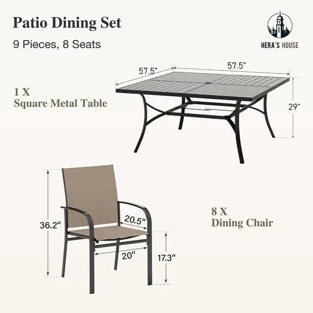 Alt view image 6 of 7 - HERA'S HOUSE 9pc Outdoor Patio Dining Set for 8, Textilene Chairs, Brown | 57.5" Square Metal Table with umbrella hole. Waterproof, rust-resistant, all-weather for backyard, porch