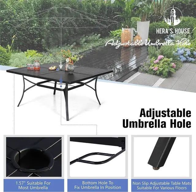 Alt view image 5 of 7 - HERA'S HOUSE 9pc Patio Dining Set, 57.5" Metal Table, 8 Textilene Chairs | Square table with umbrella hole. Gourd armrest chairs. Waterproof, rust-resistant, all-weather for backyard, porch