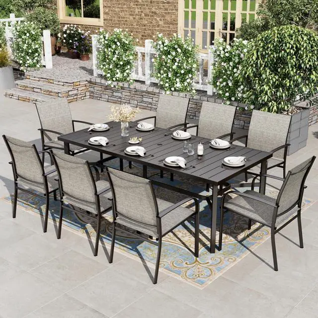 Main image of HERA'S HOUSE 9pc Outdoor Patio Dining Set for 8, Textilene Chairs, Brown | 83" Rectangular Metal Table with umbrella hole. Waterproof, rust-resistant, all-weather for backyard, porch