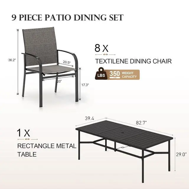 Alt view image 6 of 7 - HERA'S HOUSE 9pc Outdoor Patio Dining Set for 8, Textilene Chairs, Brown | 83" Rectangular Metal Table with umbrella hole. Waterproof, rust-resistant, all-weather for backyard, porch