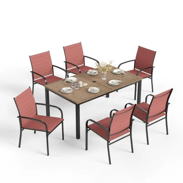 Alt view image 7 of 7 - HERA'S HOUSE 7pc Outdoor Patio Dining Set, Wood-Look Metal Table, Red | 64" rectangular table with umbrella hole, 6 textilene chairs. Waterproof, rust-resistant, all-weather for backyard, porch