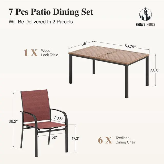 Alt view image 6 of 7 - HERA'S HOUSE 7pc Outdoor Patio Dining Set, Wood-Look Metal Table, Red | 64" rectangular table with umbrella hole, 6 textilene chairs. Waterproof, rust-resistant, all-weather for backyard, porch
