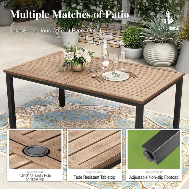 Alt view image 5 of 7 - HERA'S HOUSE 7pc Outdoor Patio Dining Set, Wood-Look Metal Table, Red | 64" rectangular table with umbrella hole, 6 textilene chairs. Waterproof, rust-resistant, all-weather for backyard, porch