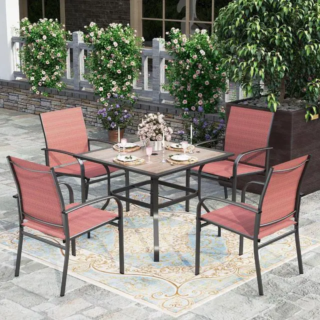 Main image of HERA'S HOUSE Patio Dining Set for 4, Wood-Look Metal Table, Red Chair | 37" outdoor square table + textilene chairs, All-weather, rust-resistant for Lawn Garden Backyard