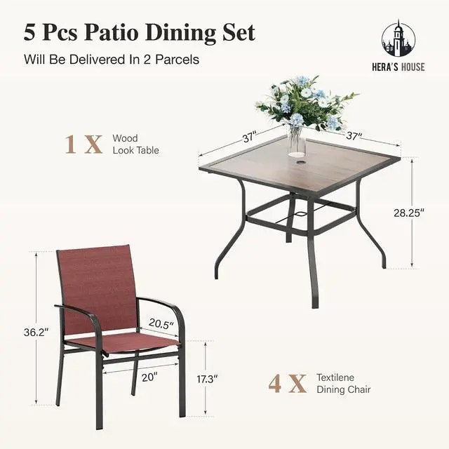 Alt view image 6 of 7 - HERA'S HOUSE Patio Dining Set for 4, Wood-Look Metal Table, Red Chair | 37" outdoor square table + textilene chairs, All-weather, rust-resistant for Lawn Garden Backyard