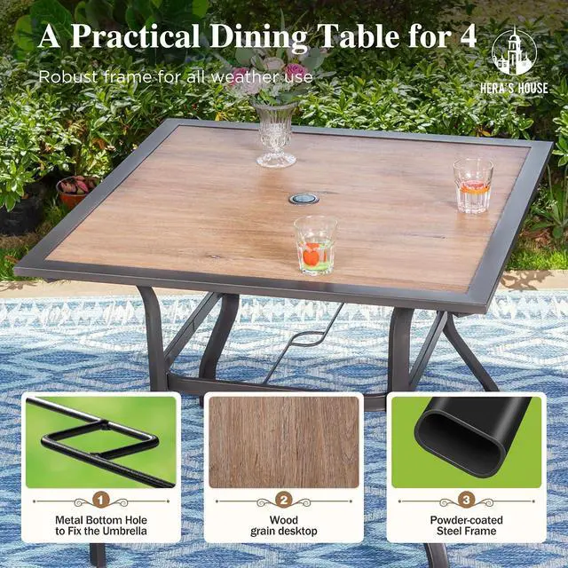 Alt view image 2 of 7 - HERA'S HOUSE Patio Dining Set for 4, Wood-Look Metal Table, Red Chair | 37" outdoor square table + textilene chairs, All-weather, rust-resistant for Lawn Garden Backyard