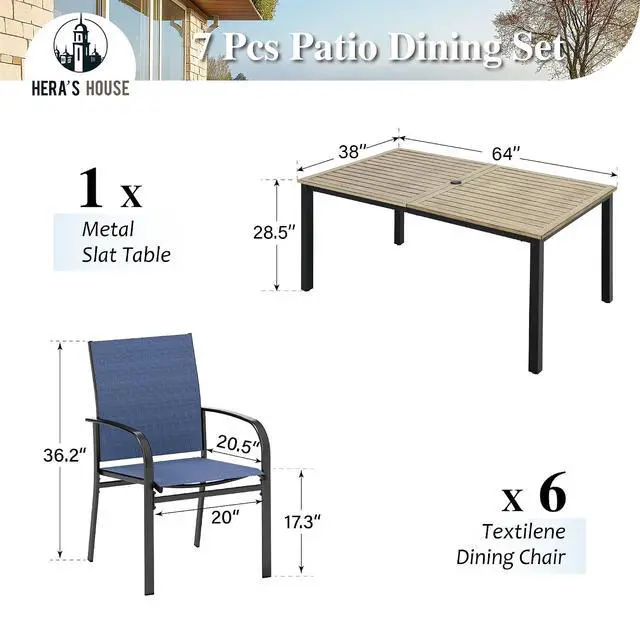 Alt view image 6 of 7 - HERA'S HOUSE 7pc Outdoor Patio Dining Set, Wood-Look Metal Table, Blue | 64" rectangular table with umbrella hole, 6 textilene chairs. Waterproof, rust-resistant, all-weather for backyard, porch