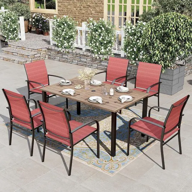 Main image of HERA'S HOUSE 7pc Patio Dining Set, Outdoor Wood-Like Metal Table & 6 Chairs | Red textilene chairs + 60" rectangle table with umbrella hole. Waterproof, rust-resistant, all-weather for deck, garden