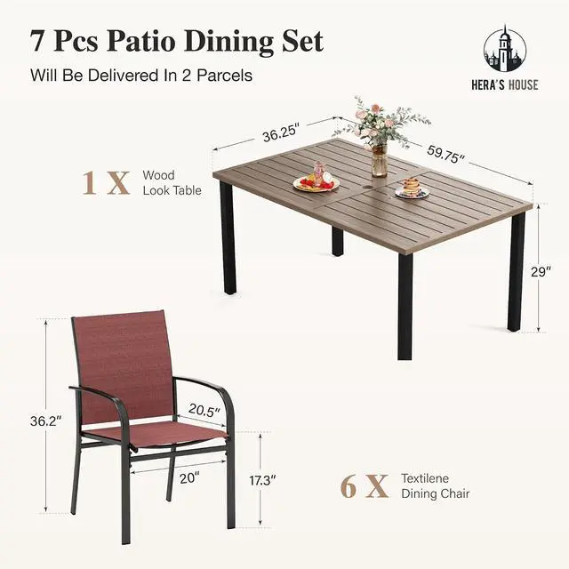 Alt view image 6 of 7 - HERA'S HOUSE 7pc Patio Dining Set, Outdoor Wood-Like Metal Table & 6 Chairs | Red textilene chairs + 60" rectangle table with umbrella hole. Waterproof, rust-resistant, all-weather for deck, garden