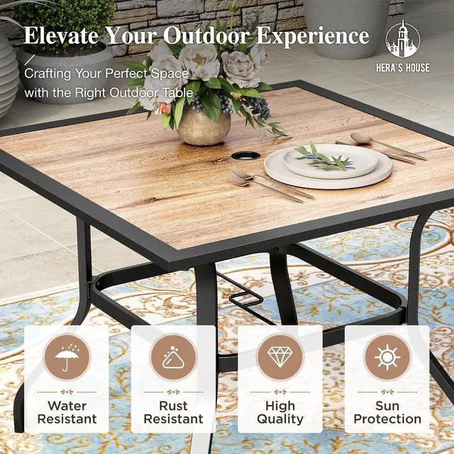 Alt view image 5 of 7 - HERA'S HOUSE Patio Dining Set for 4, Wood-Look Metal Table, Brown Chair | 37" outdoor square table + textilene chairs, All-weather, rust-resistant for Lawn Garden Backyard