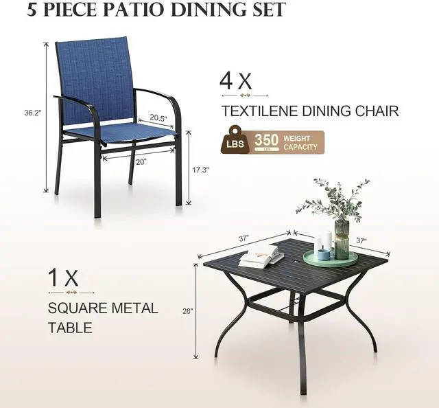 Alt view image 2 of 7 - HERA'S HOUSE 5pc Patio Dining Set for 4, Outdoor Metal Table & Blue Chairs | Textilene chairs + 37" square table with umbrella hole. Waterproof, rust-resistant, all-weather for backyard, porch
