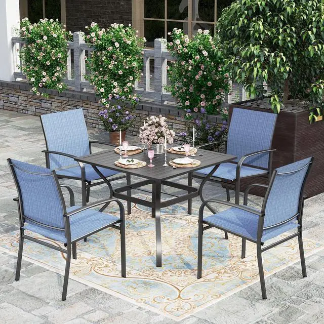 Main image of HERA'S HOUSE 5pc Patio Dining Set for 4, Outdoor Metal Table & Blue Chairs | Textilene chairs + 37" square table with umbrella hole. Waterproof, rust-resistant, all-weather for backyard, porch