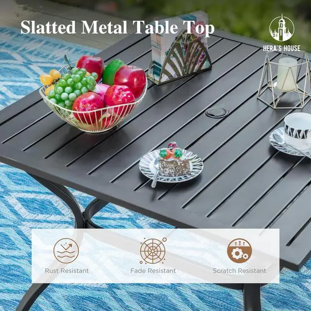 Alt view image 6 of 7 - HERA'S HOUSE 5pc Patio Dining Set for 4, Outdoor Metal Table & Blue Chairs | Textilene chairs + 37" square table with umbrella hole. Waterproof, rust-resistant, all-weather for backyard, porch