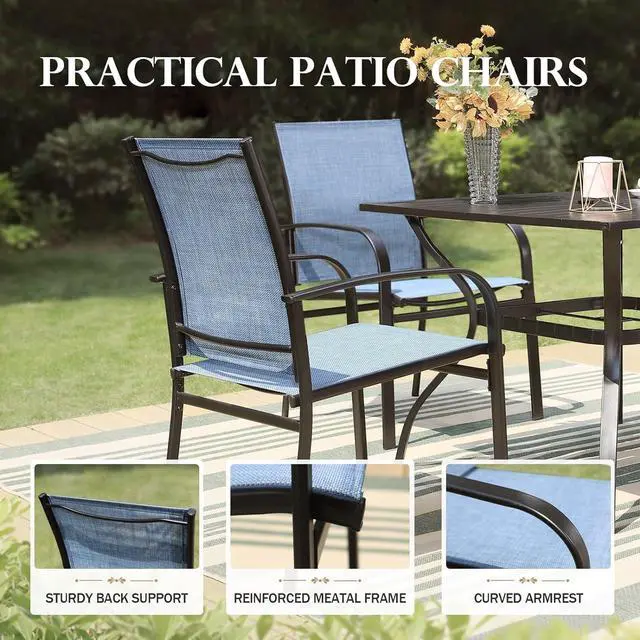 Alt view image 7 of 7 - HERA'S HOUSE 7pc Outdoor Patio Dining Set for 6, Textilene Chairs, Blue | 60" rectangular metal table with umbrella hole. Waterproof, rust-resistant, all-weather for backyard, porch