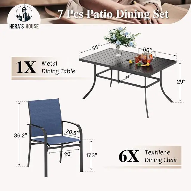 Alt view image 4 of 7 - HERA'S HOUSE 7pc Outdoor Patio Dining Set for 6, Textilene Chairs, Blue | 60" rectangular metal table with umbrella hole. Waterproof, rust-resistant, all-weather for backyard, porch