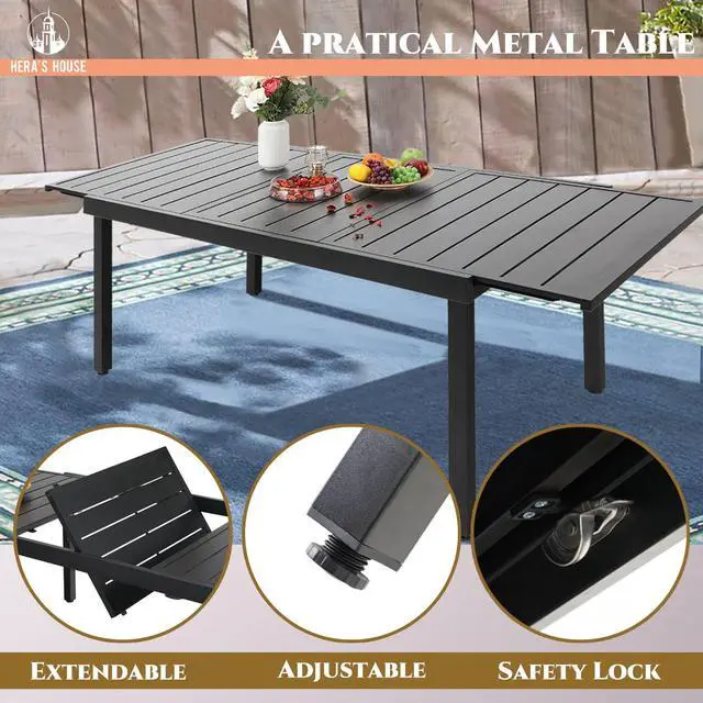 Alt view image 3 of 7 - HERA'S HOUSE 9pc Patio Dining Set, Extendable Metal Table, Red Chairs | Outdoor rectangular table + 8 textilene chairs. Waterproof, rust-resistant, all-weather for backyard, porch