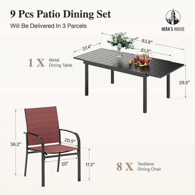 Alt view image 2 of 7 - HERA'S HOUSE 9pc Patio Dining Set, Extendable Metal Table, Red Chairs | Outdoor rectangular table + 8 textilene chairs. Waterproof, rust-resistant, all-weather for backyard, porch