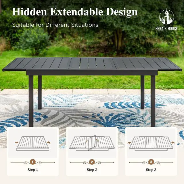Alt view image 5 of 6 - HERA'S HOUSE Outdoor Expandable Table for 6-8, Large Metal Dining Table | 84" black wrought iron extendable table. All weather furniture for patio, porch, backyard