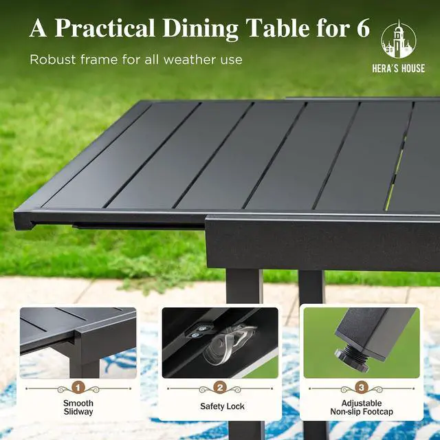 Alt view image 4 of 6 - HERA'S HOUSE Outdoor Expandable Table for 6-8, Large Metal Dining Table | 84" black wrought iron extendable table. All weather furniture for patio, porch, backyard