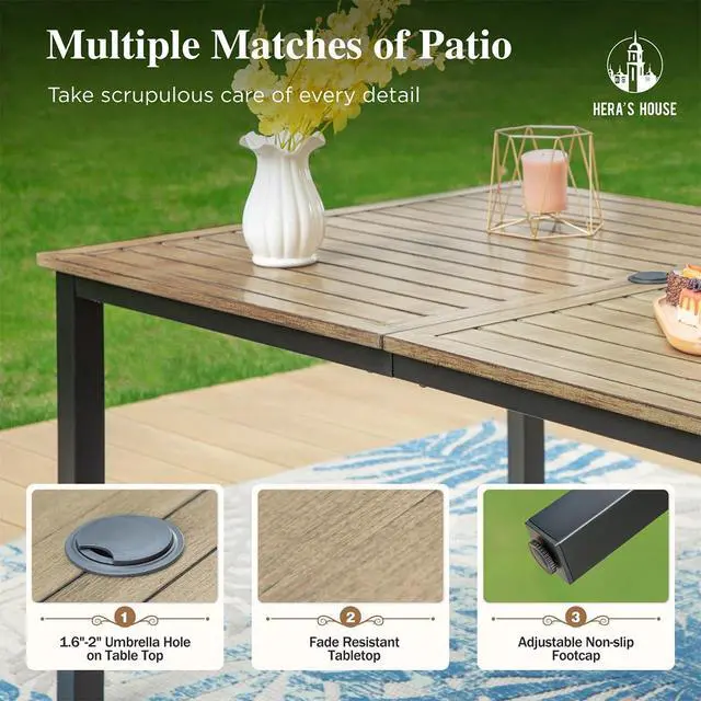 Alt view image 5 of 7 - HERA'S HOUSE 7pc Outdoor Patio Dining Set, Wood-Look Metal Table, Brown | 64" rectangular table with umbrella hole, 6 textilene chairs. Waterproof, rust-resistant, all-weather for backyard, porch