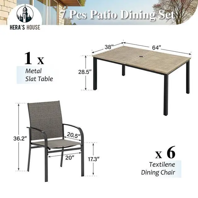 Alt view image 6 of 7 - HERA'S HOUSE 7pc Outdoor Patio Dining Set, Wood-Look Metal Table, Brown | 64" rectangular table with umbrella hole, 6 textilene chairs. Waterproof, rust-resistant, all-weather for backyard, porch