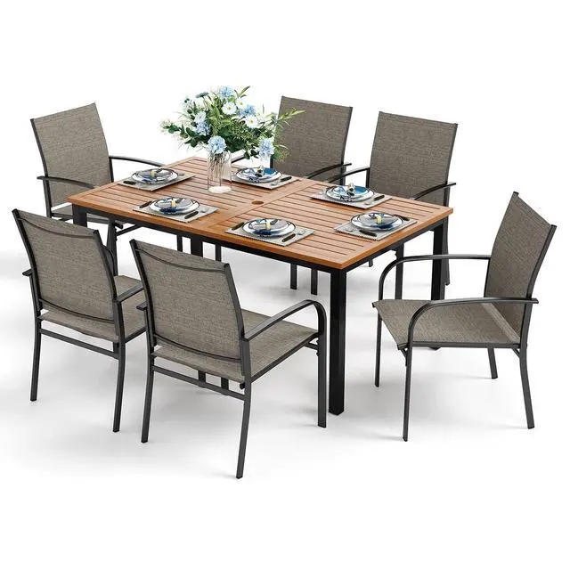 Alt view image 7 of 7 - HERA'S HOUSE 7pc Outdoor Patio Dining Set, Wood-Look Metal Table, Brown | 64" rectangular table with umbrella hole, 6 textilene chairs. Waterproof, rust-resistant, all-weather for backyard, porch