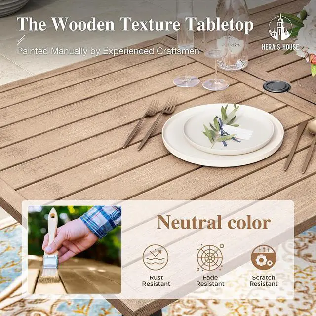 Alt view image 2 of 7 - HERA'S HOUSE 7pc Patio Dining Set, Outdoor Wood-Like Metal Table & 6 Chairs | Red textilene chairs + 60" rectangle table with umbrella hole. Waterproof, rust-resistant, all-weather for deck, garden