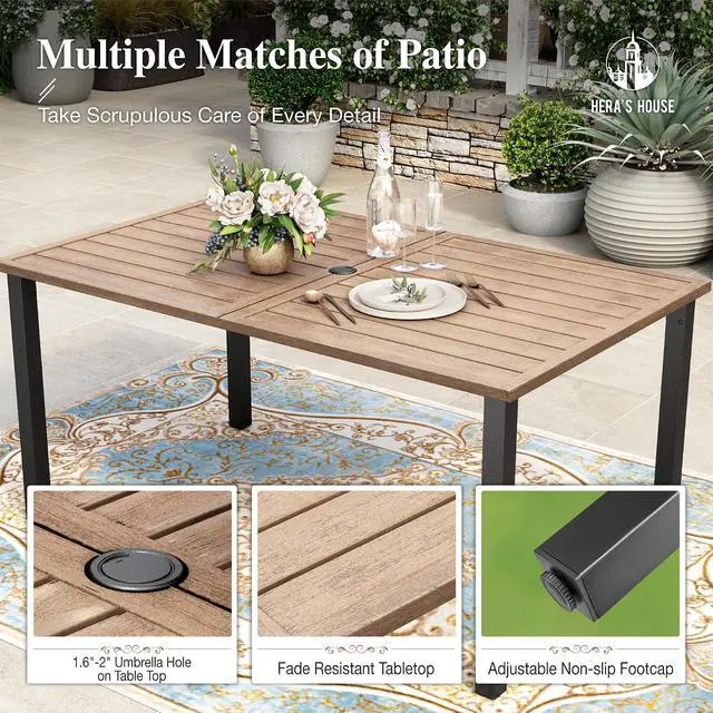 Alt view image 5 of 7 - HERA'S HOUSE 7pc Patio Dining Set, Outdoor Wood-Like Metal Table & 6 Chairs | Red textilene chairs + 60" rectangle table with umbrella hole. Waterproof, rust-resistant, all-weather for deck, garden