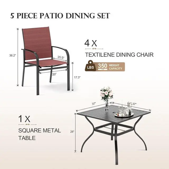 Alt view image 6 of 7 - HERA'S HOUSE 5pc Patio Dining Set for 4, Outdoor Metal Table & Red Chairs | Textilene chairs + 37" square table with umbrella hole. Waterproof, rust-resistant, all-weather for backyard, porch