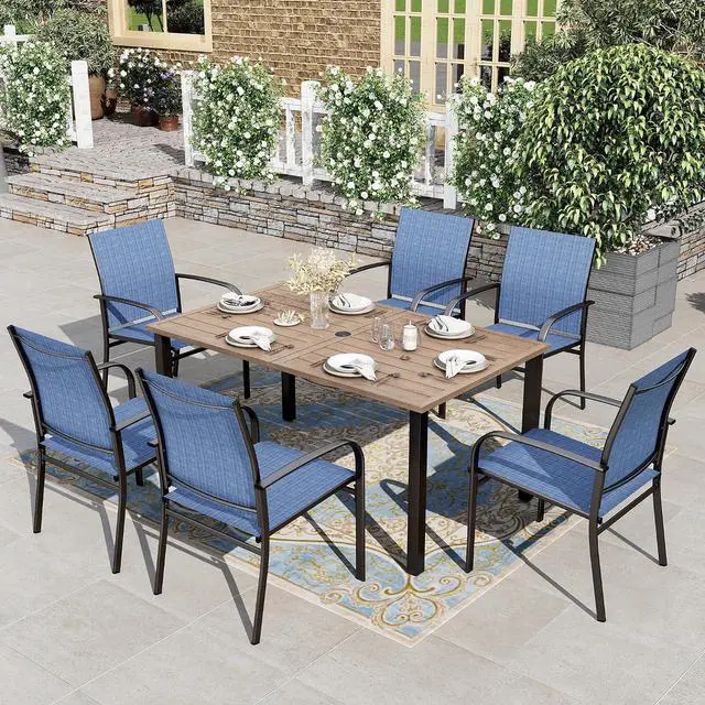 Main image of HERA'S HOUSE 7pc Patio Dining Set, Outdoor Wood-Like Metal Table & 6 Chairs | Blue textilene chairs + 60" rectangle table with umbrella hole. Waterproof, rust-resistant, all-weather for deck, garden