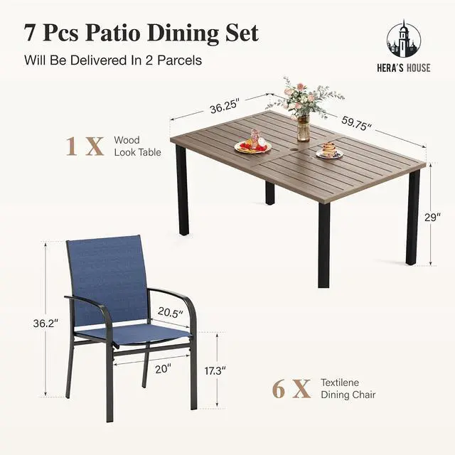 Alt view image 6 of 7 - HERA'S HOUSE 7pc Patio Dining Set, Outdoor Wood-Like Metal Table & 6 Chairs | Blue textilene chairs + 60" rectangle table with umbrella hole. Waterproof, rust-resistant, all-weather for deck, garden