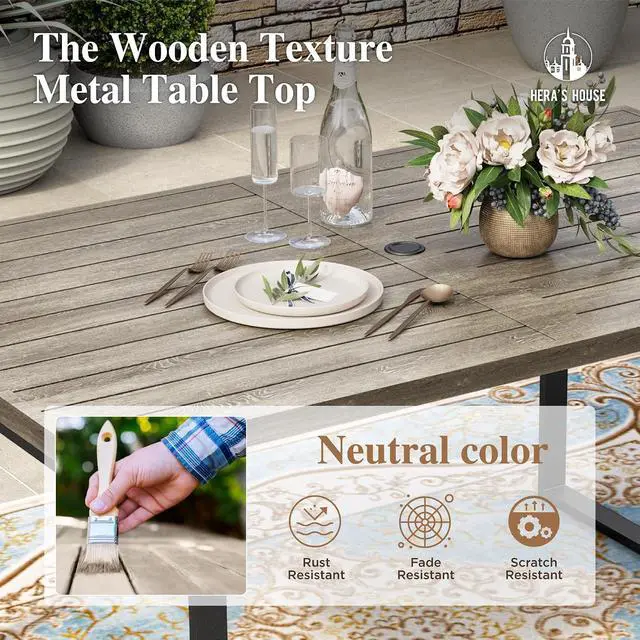 Alt view image 2 of 7 - HERA'S HOUSE 7pc Outdoor Patio Dining Set, Wood-Look Metal Table, Brown | 6 textilene chairs, 64" rectangular table with umbrella hole. Waterproof, rust-resistant, all-weather for yard, porch