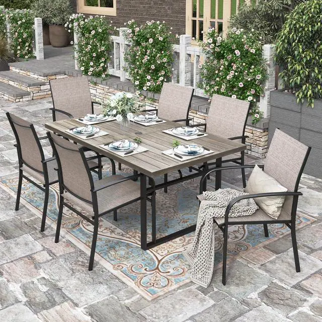 Main image of HERA'S HOUSE 7pc Outdoor Patio Dining Set, Wood-Look Metal Table, Brown | 6 textilene chairs, 64" rectangular table with umbrella hole. Waterproof, rust-resistant, all-weather for yard, porch