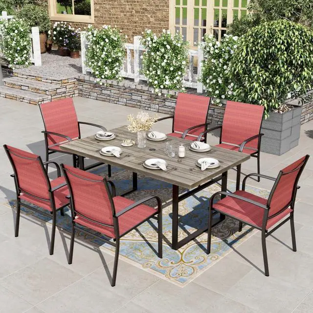 Main image of HERA'S HOUSE 7pc Outdoor Patio Dining Set, Wood-Look Metal Table, Red | 6 textilene chairs, 64" rectangular table with umbrella hole. Waterproof, rust-resistant, all-weather for yard, porch