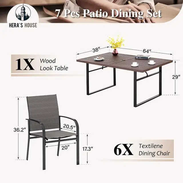 Alt view image 6 of 7 - HERA'S HOUSE 7pc Outdoor Patio Dining Set, Wood-Look Metal Table, Brown | 6 textilene chairs, 64" rectangular table with umbrella hole. Waterproof, rust-resistant, all-weather for yard, porch