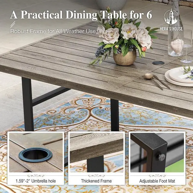 Alt view image 5 of 7 - HERA'S HOUSE 7pc Outdoor Patio Dining Set, Wood-Look Metal Table, Brown | 6 textilene chairs, 64" rectangular table with umbrella hole. Waterproof, rust-resistant, all-weather for yard, porch