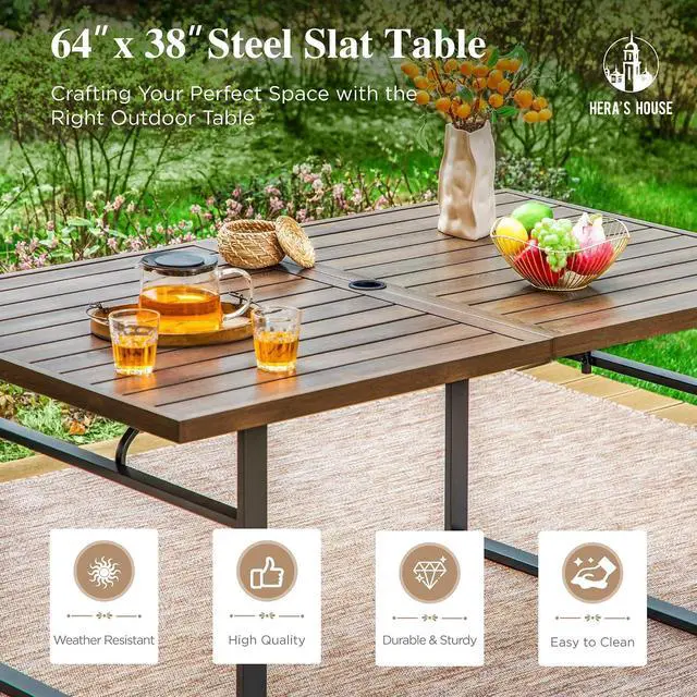 Alt view image 7 of 7 - HERA'S HOUSE 7pc Outdoor Patio Dining Set, Wood-Look Metal Table, Red | 6 textilene chairs, 64" rectangular table with umbrella hole. Waterproof, rust-resistant, all-weather for yard, porch