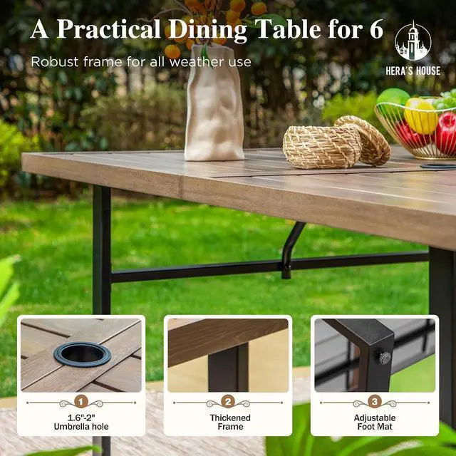 Alt view image 3 of 7 - HERA'S HOUSE 7pc Outdoor Patio Dining Set, Wood-Look Metal Table, Red | 6 textilene chairs, 64" rectangular table with umbrella hole. Waterproof, rust-resistant, all-weather for yard, porch