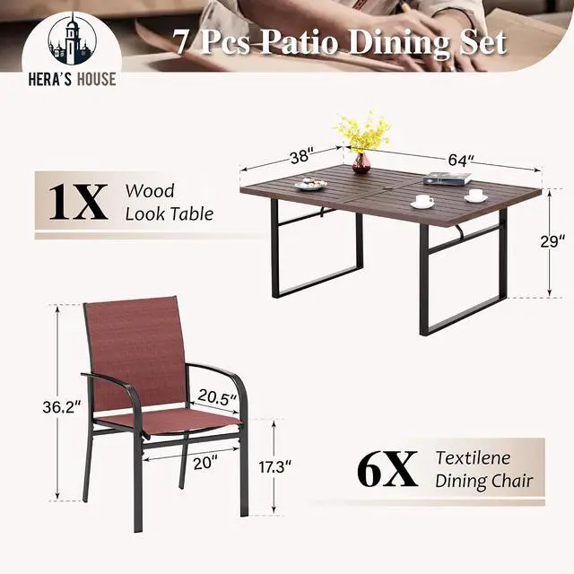 Alt view image 6 of 7 - HERA'S HOUSE 7pc Outdoor Patio Dining Set, Wood-Look Metal Table, Red | 6 textilene chairs, 64" rectangular table with umbrella hole. Waterproof, rust-resistant, all-weather for yard, porch