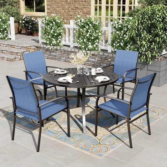 Main image of HERA'S HOUSE 5pc Patio Dining Set for 4, 42" Round Metal Table | Blue textilene chairs, umbrella hole. Waterproof, rust-resistant, all-weather for backyard, porch