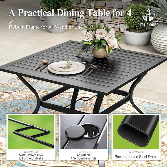 Alt view image 5 of 7 - HERA'S HOUSE 5pc Patio Dining Set for 4, Outdoor Metal Table & Blue Chairs | Textilene chairs + 37" square table with umbrella hole. Waterproof, rust-resistant, all-weather for backyard, porch