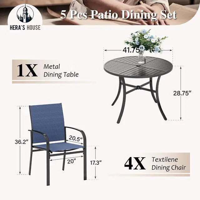 Alt view image 6 of 7 - HERA'S HOUSE 5pc Patio Dining Set for 4, 42" Round Metal Table | Blue textilene chairs, umbrella hole. Waterproof, rust-resistant, all-weather for backyard, porch