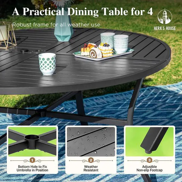 Alt view image 4 of 7 - HERA'S HOUSE 5pc Patio Dining Set, 42" Round Table, 4 Textilene Chairs | Metal table with umbrella hole. Gourd armrest chairs. Waterproof, rust-resistant, all-weather for backyard, porch