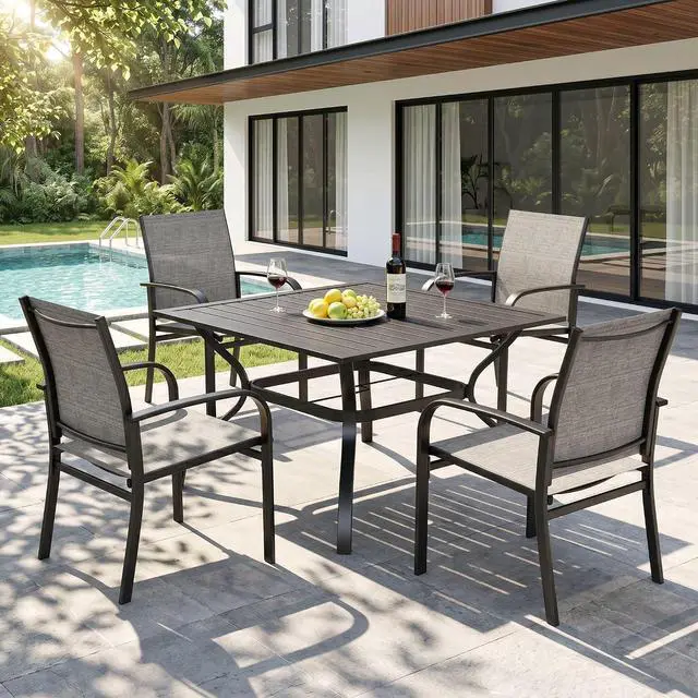 Main image of HERA'S HOUSE 5pc Patio Dining Set for 4, Outdoor Metal Table & Brown Chairs | Textilene chairs + 37" square table with umbrella hole. Waterproof, rust-resistant, all-weather for backyard, porch
